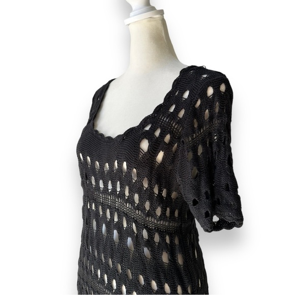 New Kial Black Crochet Knit Short Sleeve Midi Dress or Swim Cover | Large - Picture 5 of 12